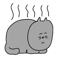 a cartoon drawing of a gray cat laying down with steam coming out of its head .