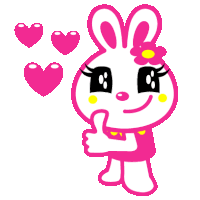 a pink bunny giving a thumbs up with three pink hearts in the background