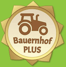 a bauernhof plus logo with a brown tractor on it