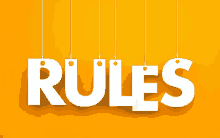 the word rules is hanging from a string on an orange background