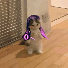 a cat with purple hair and a purple eye is standing on the floor