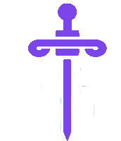 a purple icon of a sword with a white background