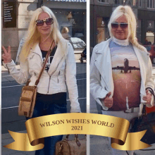 a picture of two women with a wilson wishes world banner