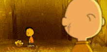 a cartoon of charlie brown standing next to a boy in a forest .