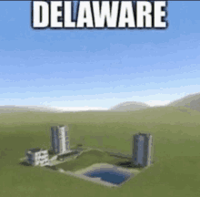 a computer generated image of delaware with buildings and a large hole in the ground