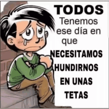 a cartoon of a boy sitting on a set of stairs with a message in spanish