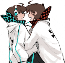 a drawing of two boys with one wearing headphones and the other wearing a jacket with the letter a on it