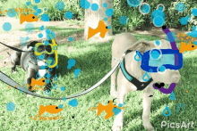 two dogs on a leash with bubbles and fish in the background and a watermark that says picsart