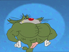 a green cartoon cat with a red nose is standing with his hands on his hips .