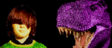 a pixel art of a child and a purple dinosaur with its mouth open