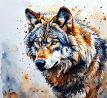 a painting of a wolf with a white background and splashes of paint