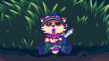 a cartoon drawing of a raccoon holding a sword