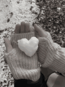 a person wearing mittens holds a heart shaped snowball in their hands