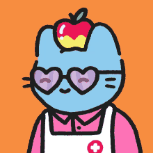 a cartoon drawing of a cat wearing heart shaped glasses and an apron with a red cross on it