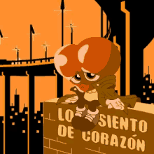 a cartoon character sitting on a brick wall with a sign that says lo siento de corazon