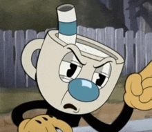 cuphead is a cartoon character with a blue nose and a blue and white striped straw .