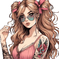 a girl with pigtails and a tattoo on her arm is wearing sunglasses