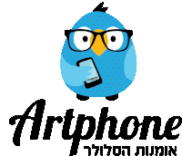 a logo for artphone with a blue bird holding a cellphone