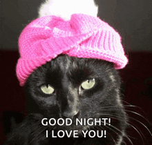 a black cat wearing a pink hat with the words good night i love you