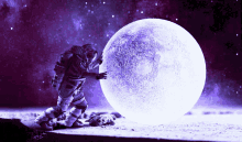 a statue of an astronaut pushing a giant moon