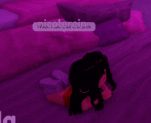 a girl is laying on a bed with purple pillows and a purple background that says nicoleriin