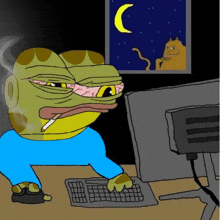 a cartoon of a frog smoking a cigarette and using a computer .