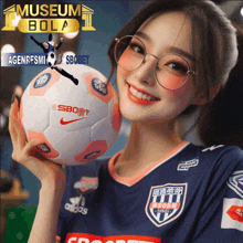 a girl wearing glasses is holding a soccer ball and smiling