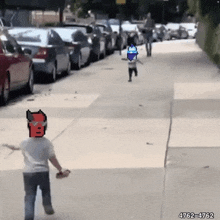 a pixel art drawing of a child running down a sidewalk