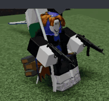 a roblox character is holding two guns in a grassy field