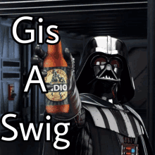 darth vader is holding up a bottle of gis a dio