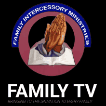 a logo for family intercessory ministries with a praying hand on a bible