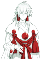 a drawing of a man with white hair and red tassels around his neck