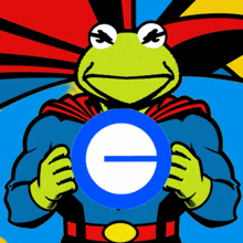 a frog in a superhero costume is holding a blue circle with the letter e in it