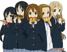 a group of anime girls are eating and playing instruments