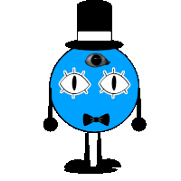 a blue cartoon character with a top hat and bow tie