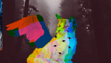 a painting of a rainbow colored cat with many eyes