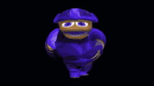 a cartoon character wearing a helmet and a purple outfit