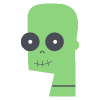 a cartoon drawing of a green skull with black eyes and stitched mouth