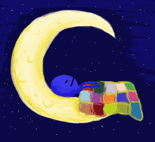 a cartoon of a person sleeping on a crescent moon with a colorful blanket