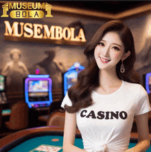 a woman in a white shirt that says casino on it