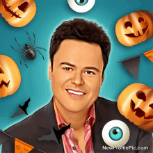 a man is surrounded by pumpkins bats and spiders and says new profile pic.com