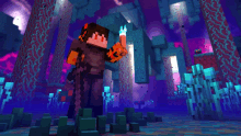 a minecraft character is standing in a dark forest with a purple sky in the background