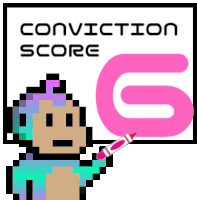 a pixelated monkey points to a sign that says conviction score 6