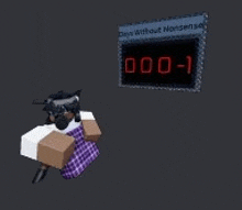 a 3d model of a person holding a gun in front of a digital sign that says `` days without nonsense '' .