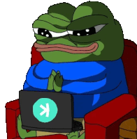 a green frog is sitting in a chair holding a laptop with a green arrow pointing up