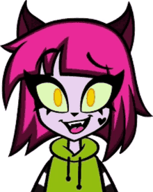 a cartoon of a girl with pink hair and green eyes