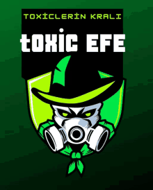 a logo for toxic efe shows a man wearing a green hat and gas mask