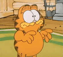 a cartoon cat named garfield is standing in a room with his hands outstretched