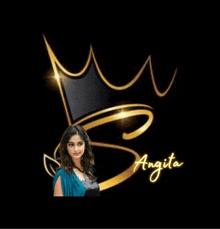 a woman is standing in front of a crown and the word angita