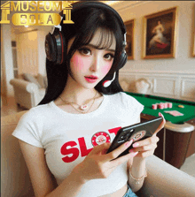 a girl wearing headphones and a shirt that says slot